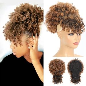 Afro Puff Drawstring Ponytail with Kinky Curly Hair Clip in Bangs